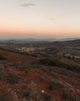 A sunset view over the rolling hills in rural Brazil. Views of coffee farms in the background