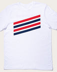 A white crew neck t-shirt with a horizontal red and blue stripe design and the text 'fernwood coffee' printed on the front.