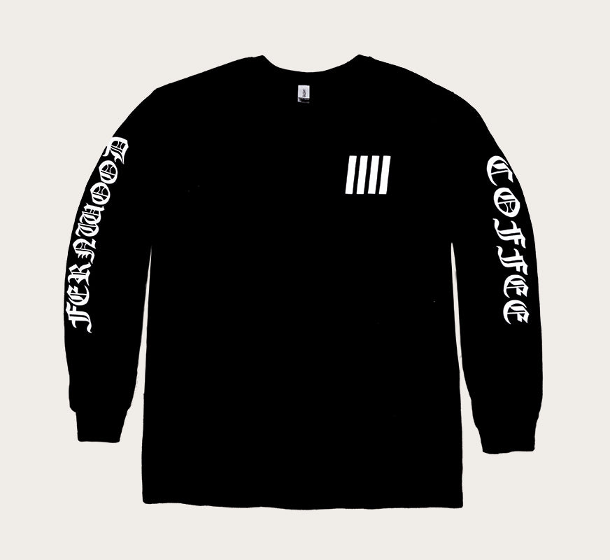 Black long sleeve crew neck t-shirt with white text and graphics on the sleeves.