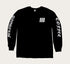 Black long sleeve crew neck t-shirt with white text and graphics on the sleeves.