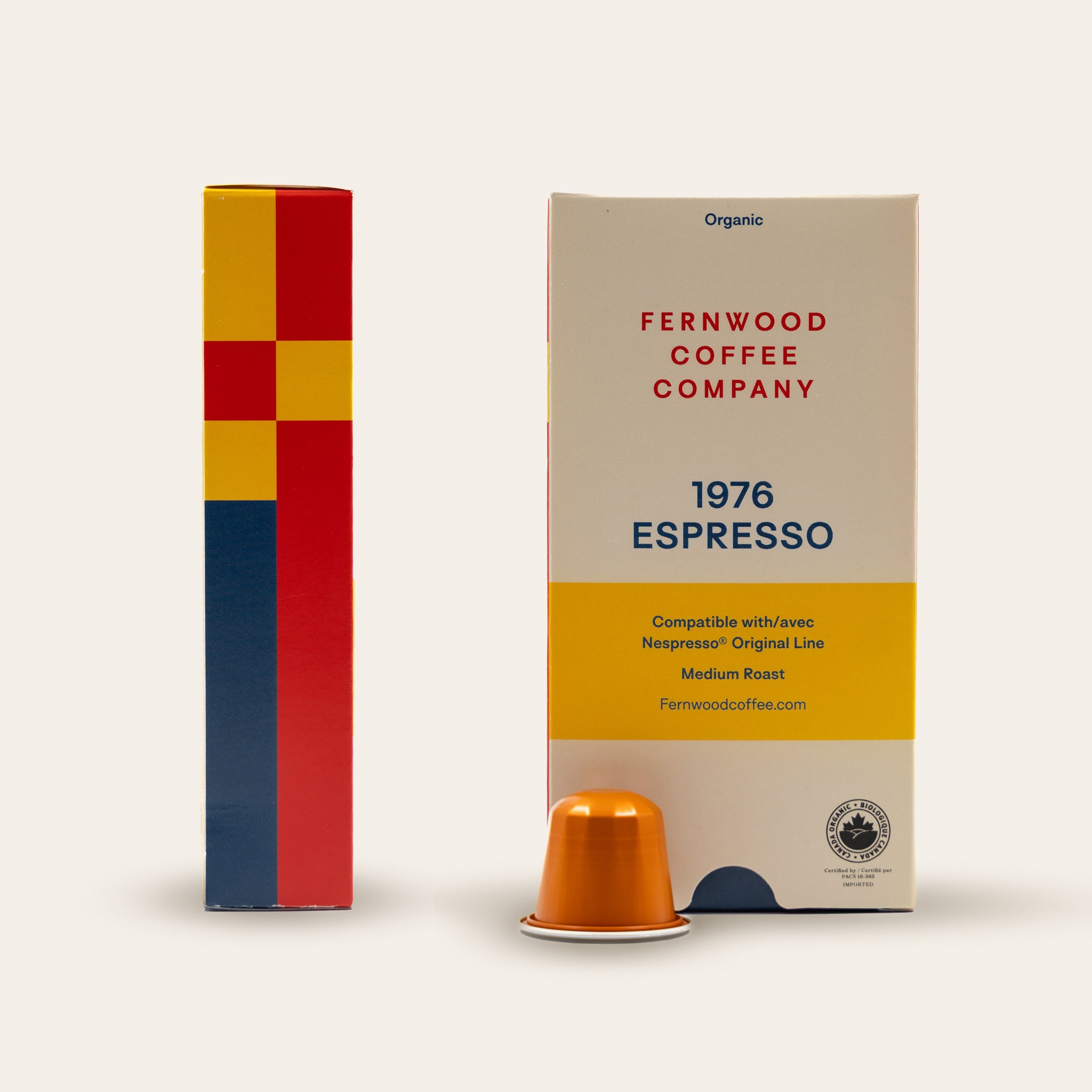 Fernwood Coffee Company 1976 Espresso packaging with a coffee pod on a beige background
