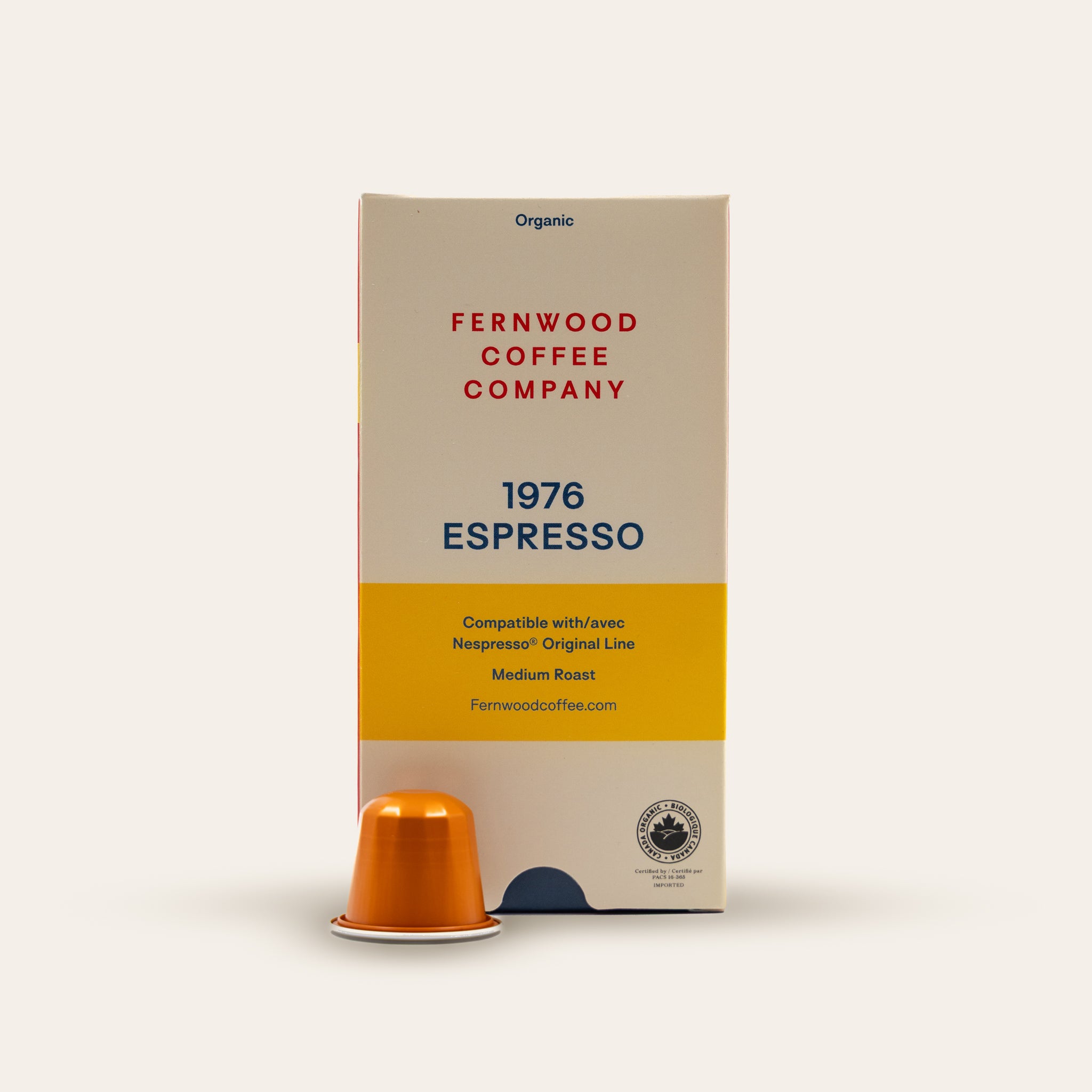 Fernwood Coffee Company 1976 Espresso coffee capsule packaging on a beige background