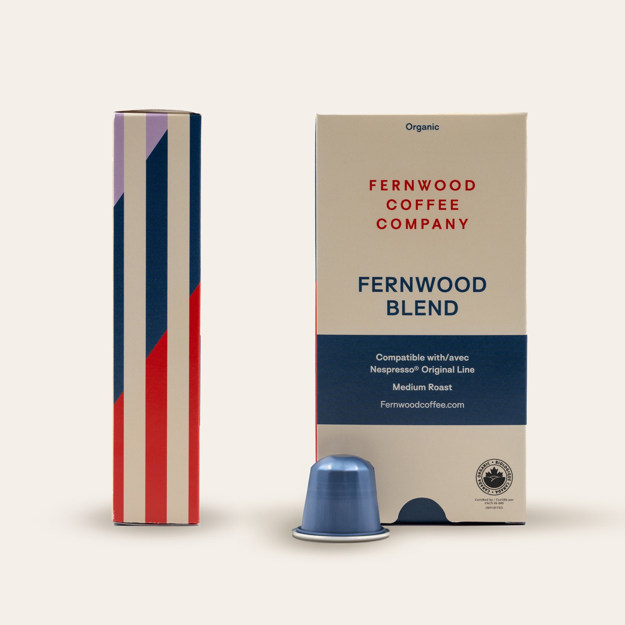 Fernwood Coffee Company Fernwood Blend Capsules packaging with a coffee capsule on a beige background