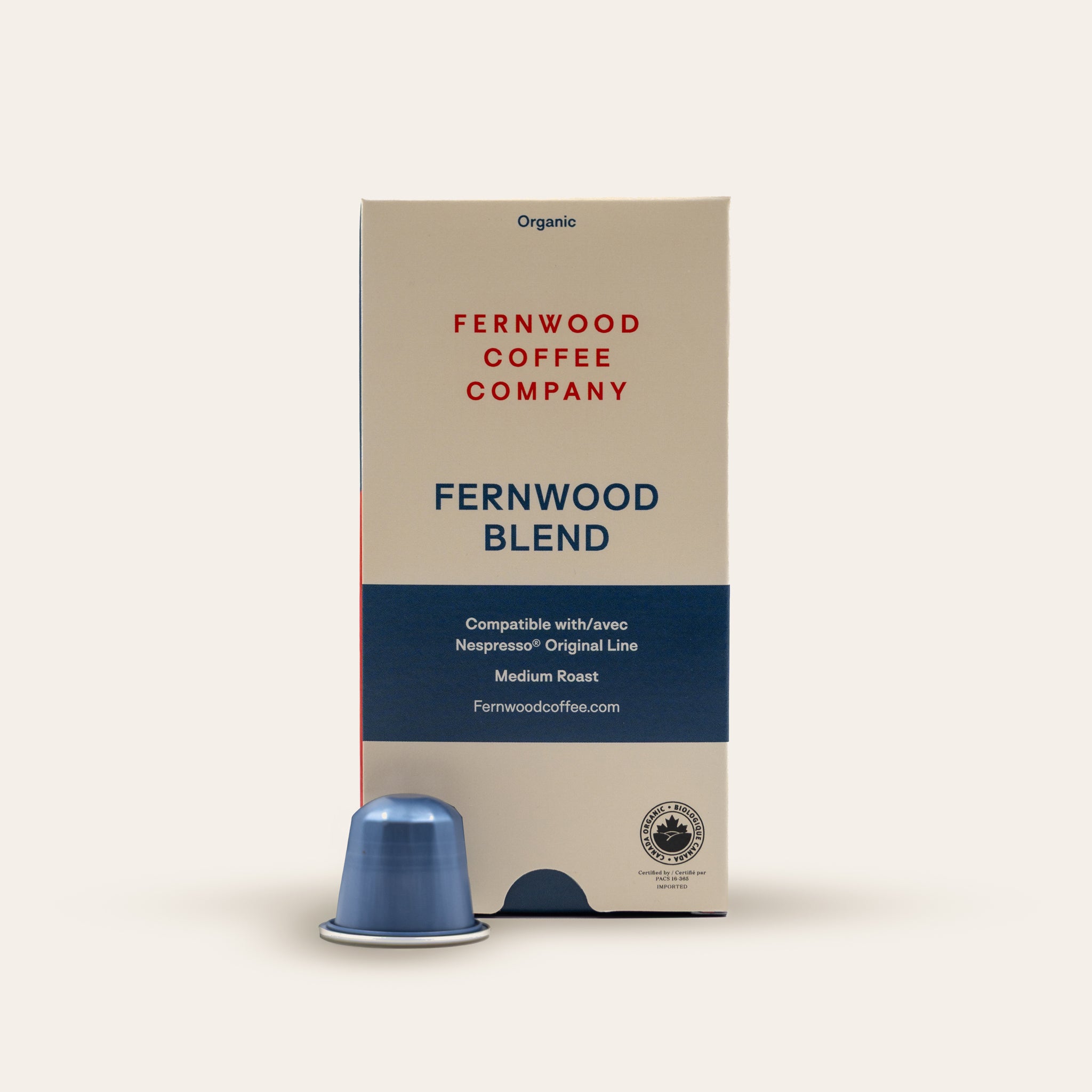 Fernwood Blend coffee capsule packaging on a beige background