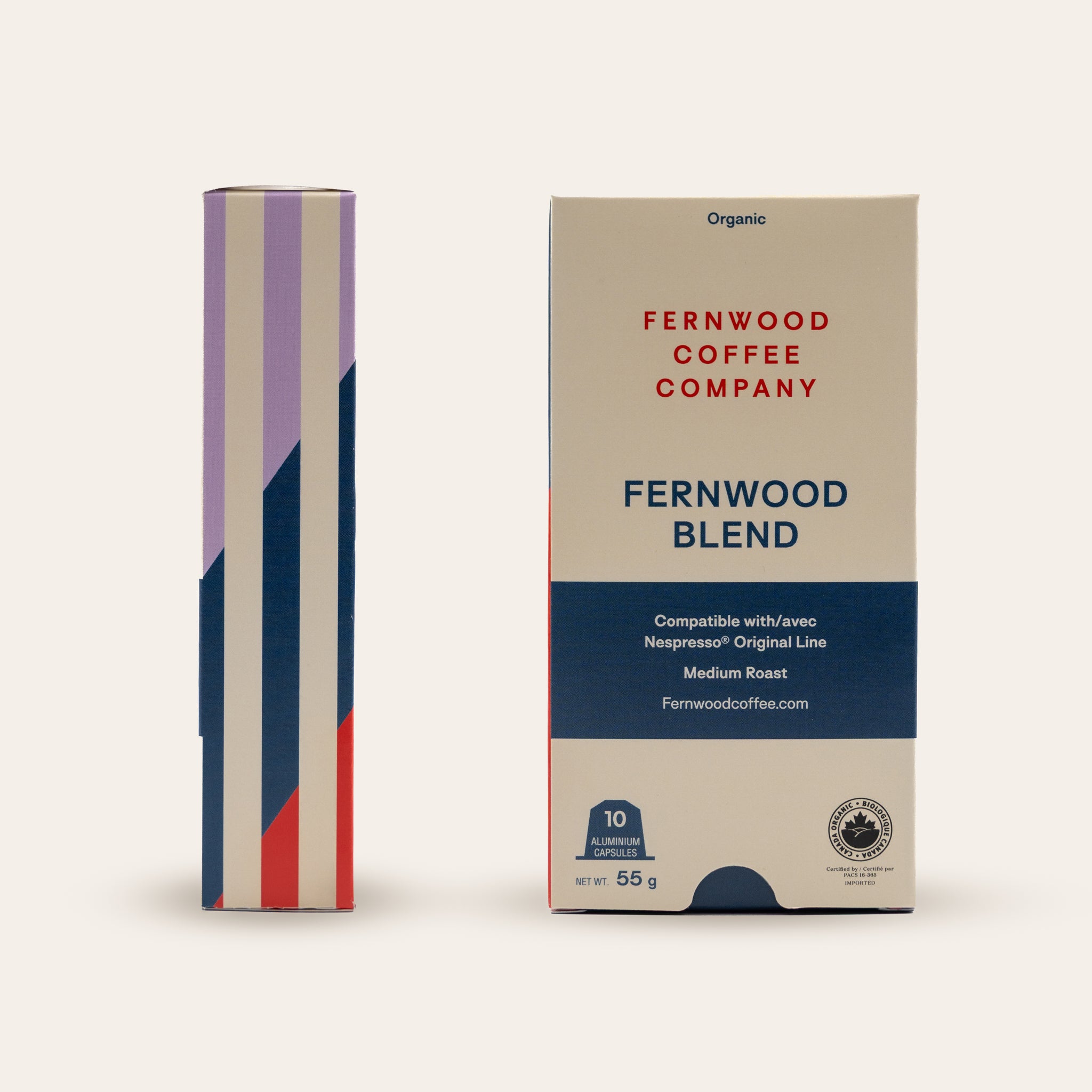 Fernwood Coffee Company coffee pod packaging on a beige background