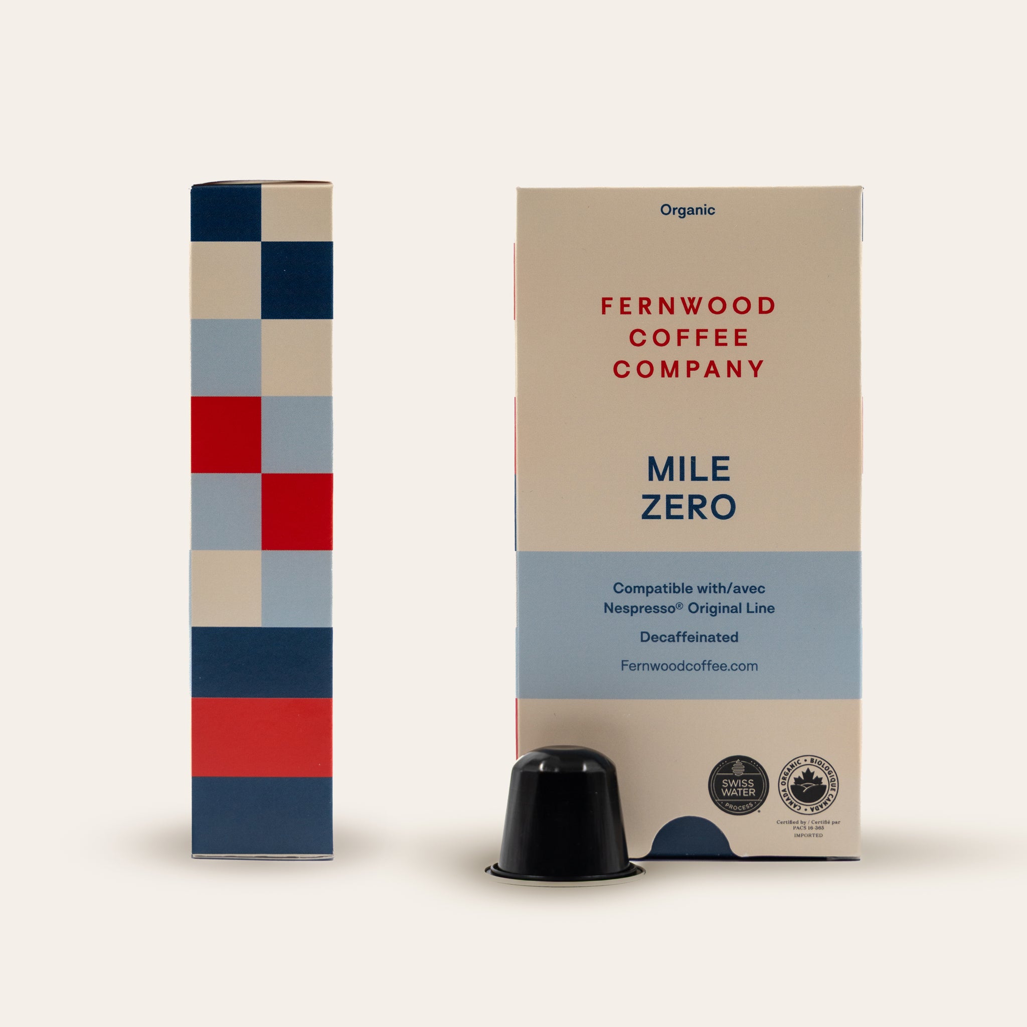 Fernwood Coffee Company Mile Zero coffee pod packaging on a beige background