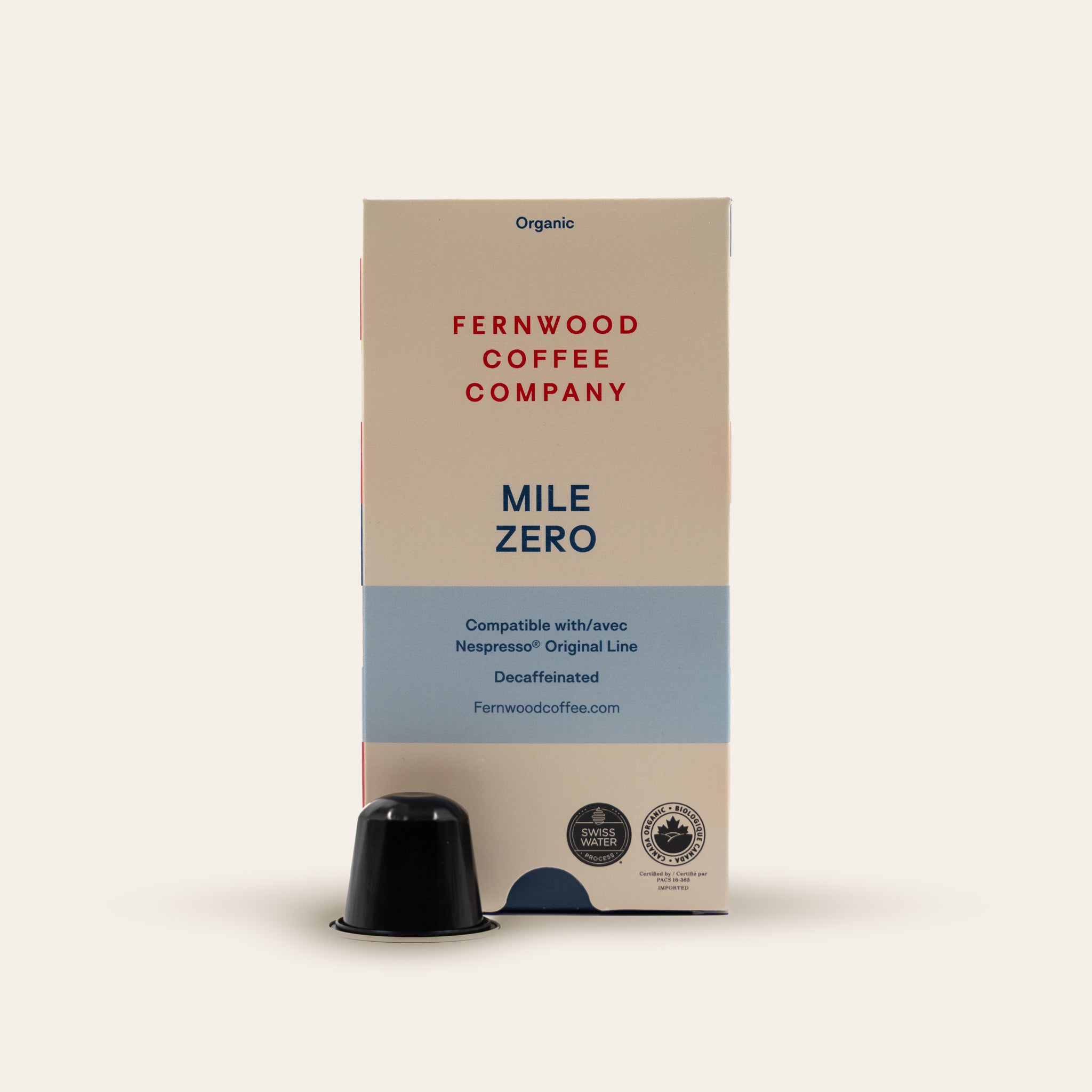 Fernwood Coffee Company Mile Zero coffee capsule packaging on a beige background