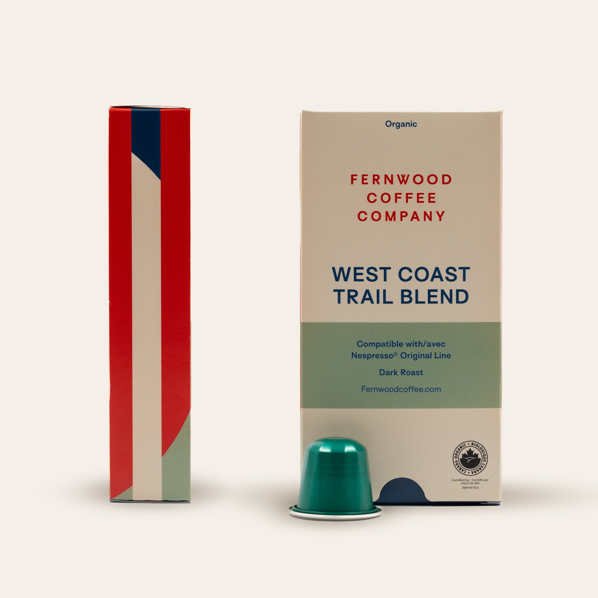 Fernwood Coffee Company West Coast Trail Blend packaging with a green coffee capsule on a beige background