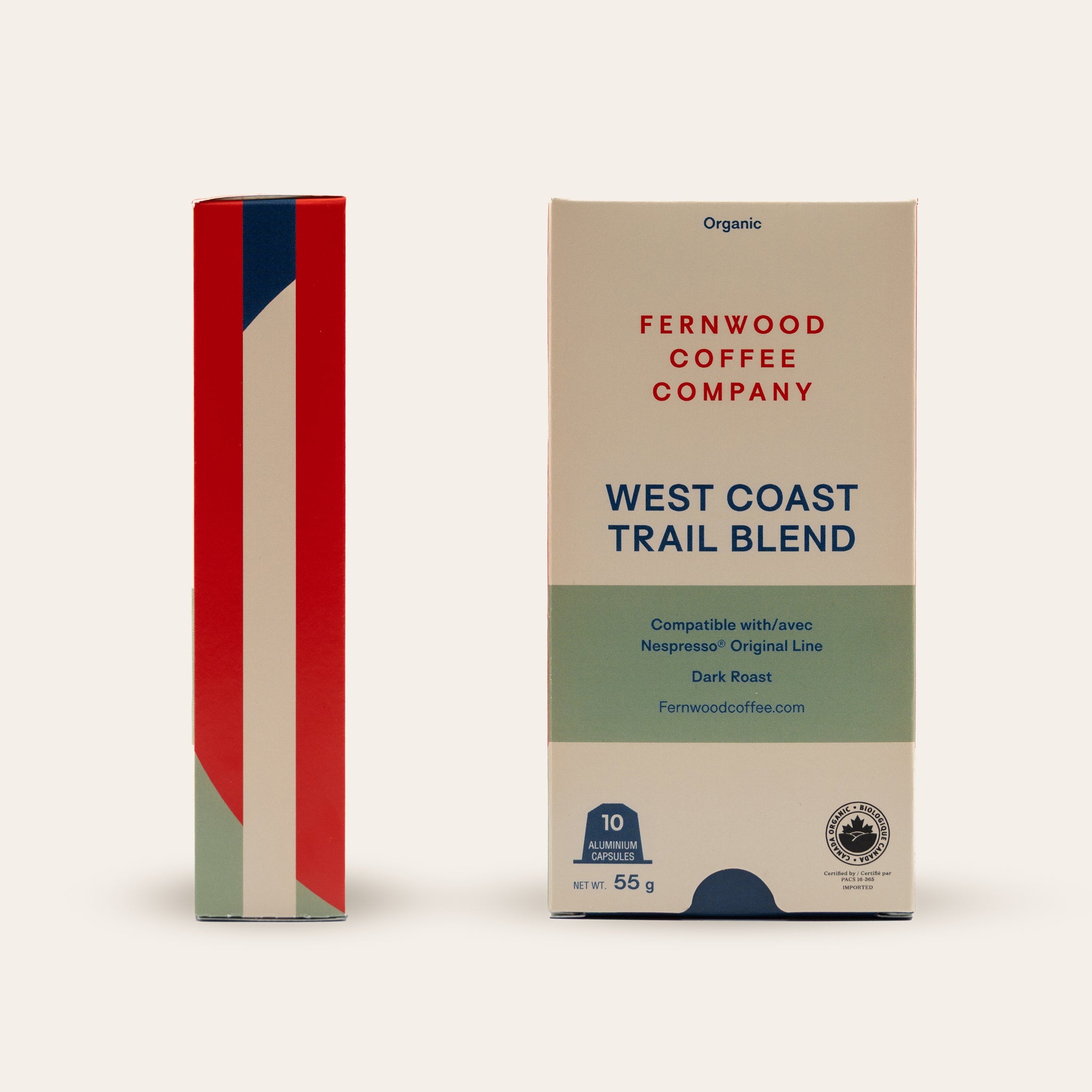 Fernwood Coffee Company West Coast Trail Blend coffee packaging on a beige background