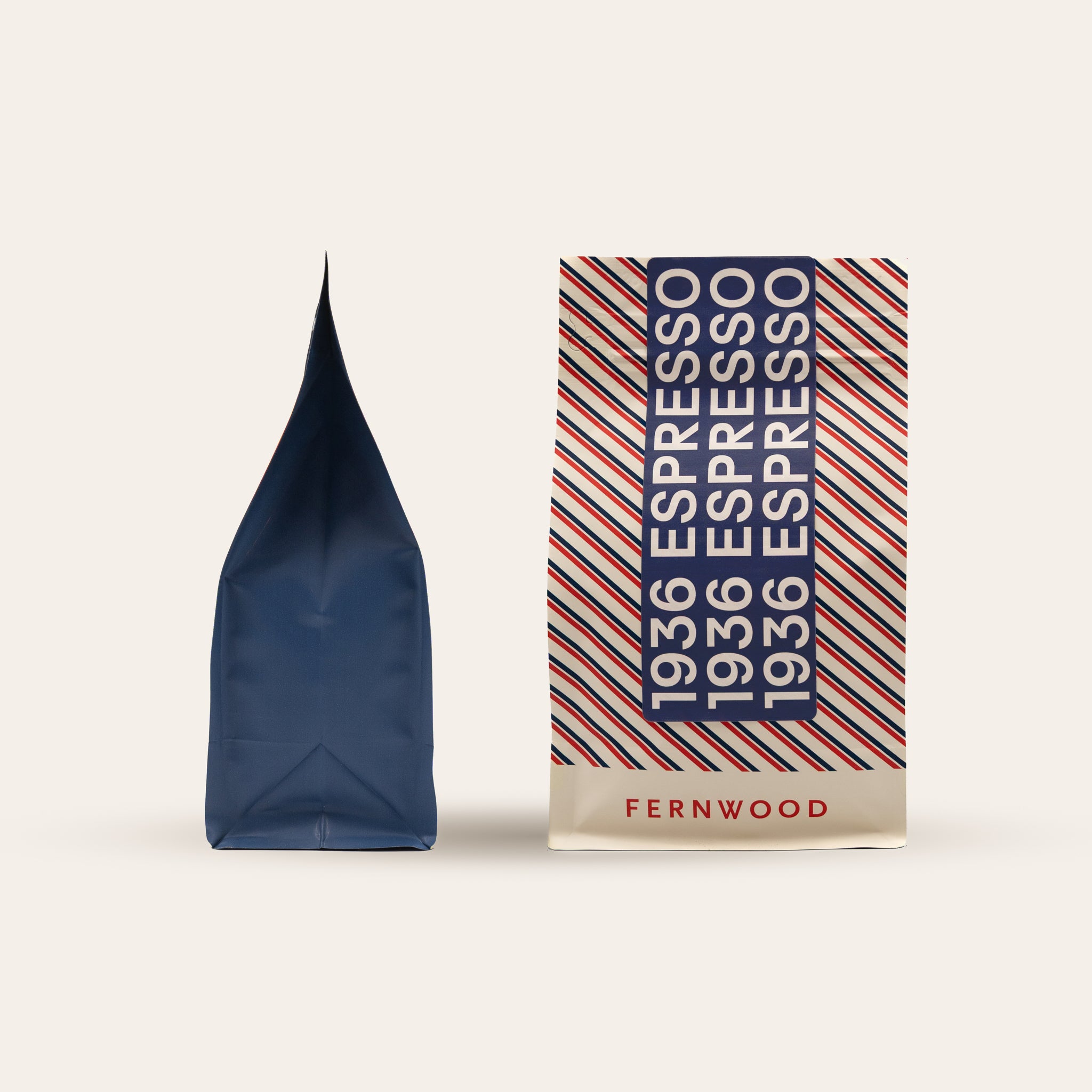 1936 Espresso packaging with a striped design and 'Fernwood' branding on a beige background