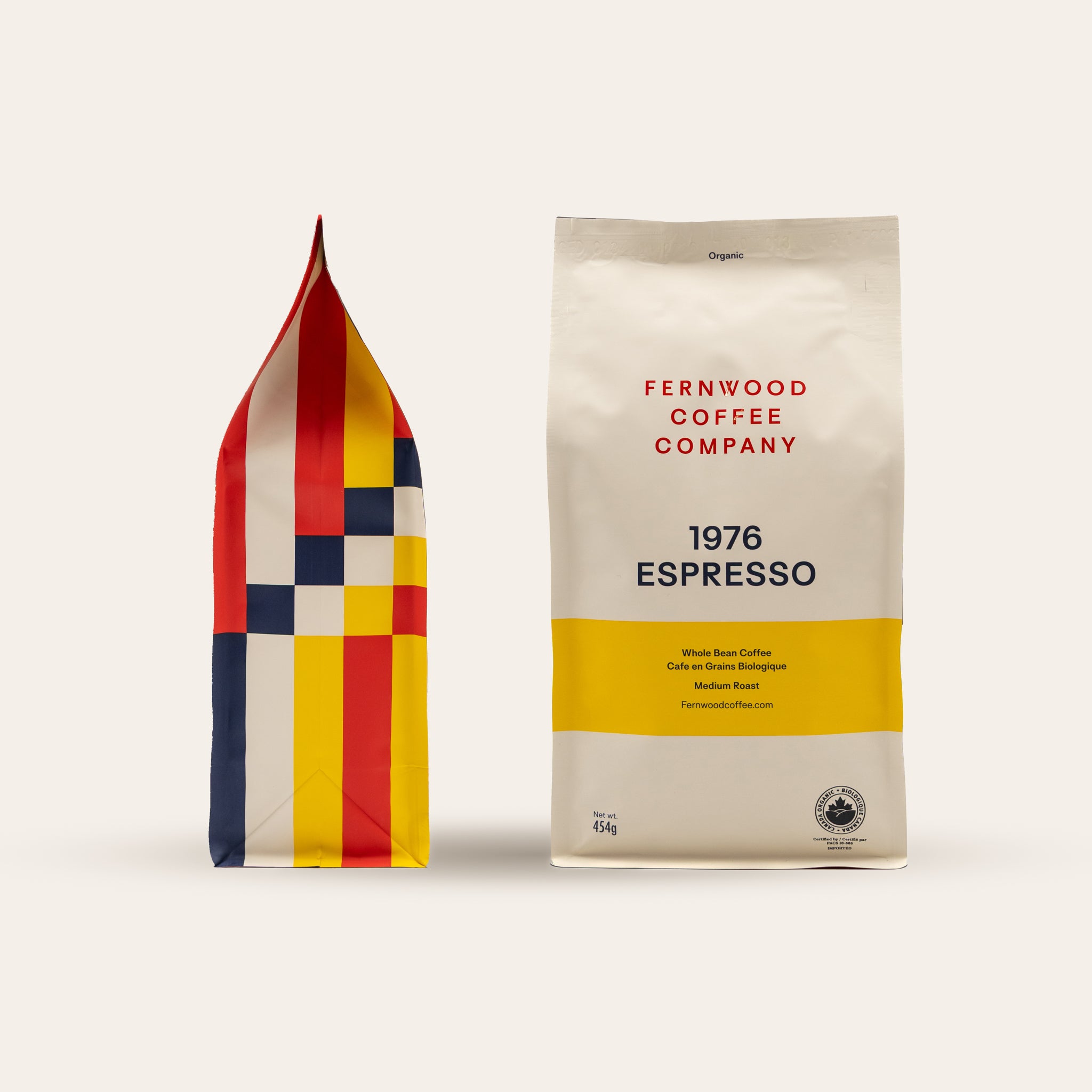 Fernwood Coffee Company 1976 Espresso coffee bag with a colorful geometric design on a beige background