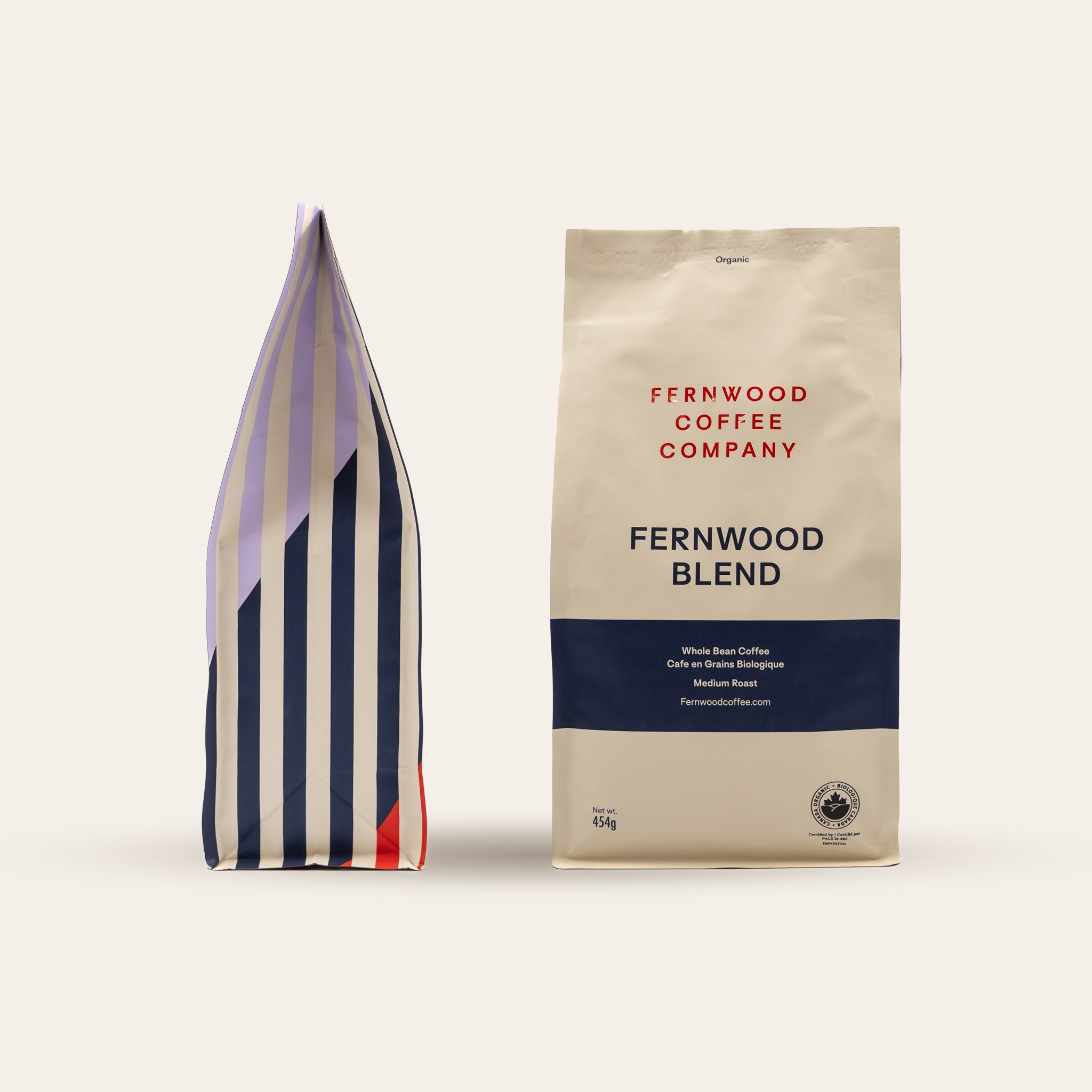 Fernwood Blend coffee bags on a beige background.