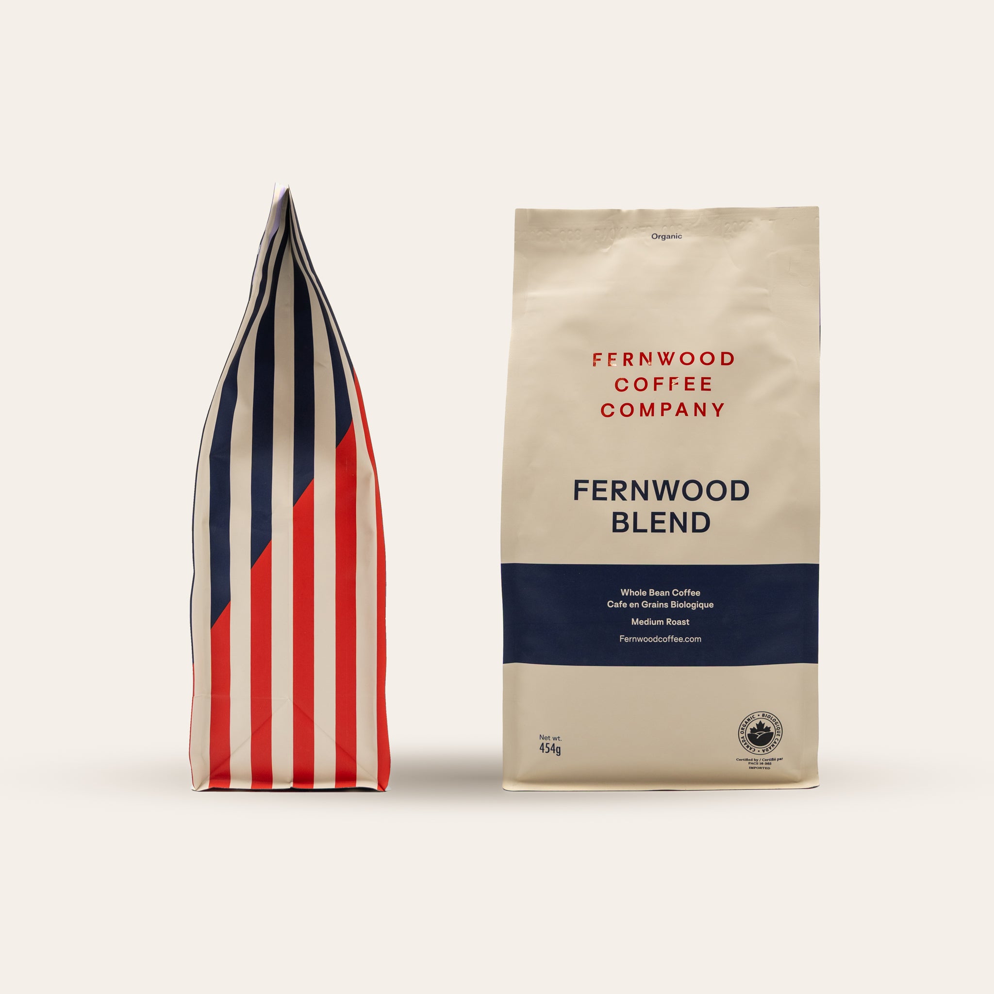Fernwood Blend packaging with a striped coffee bag on a beige background.
