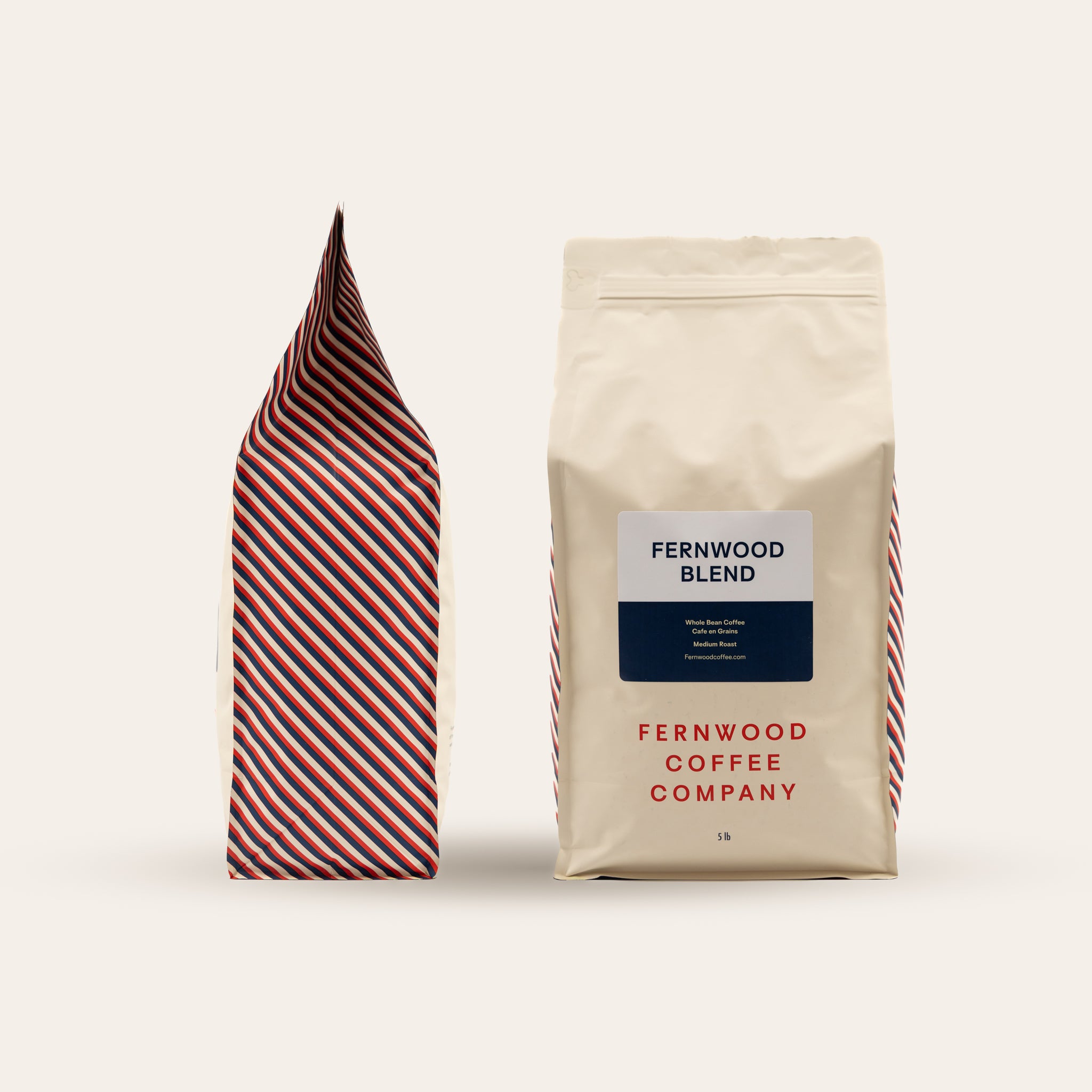 Two 5lb bags of Fernwood Blend on a beige background.