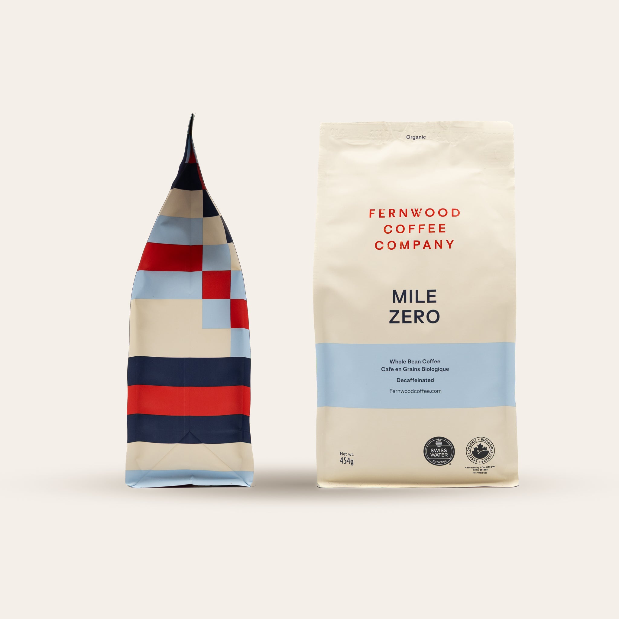 Fernwood Coffee Company Mile Zero coffee bag with a colorful striped design on a beige background