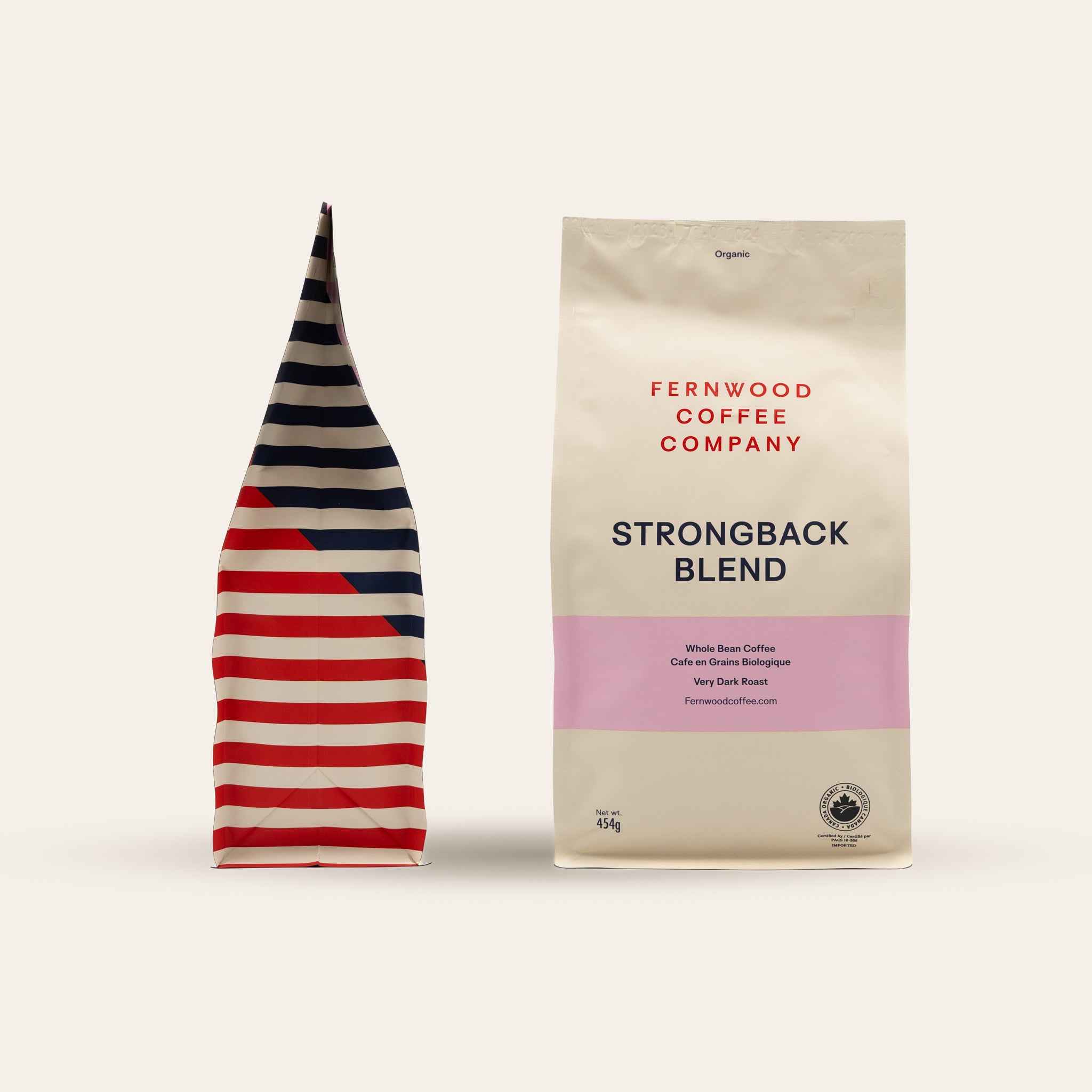 Fernwood Coffee Company Strongback Blend coffee package with a striped design on a beige background