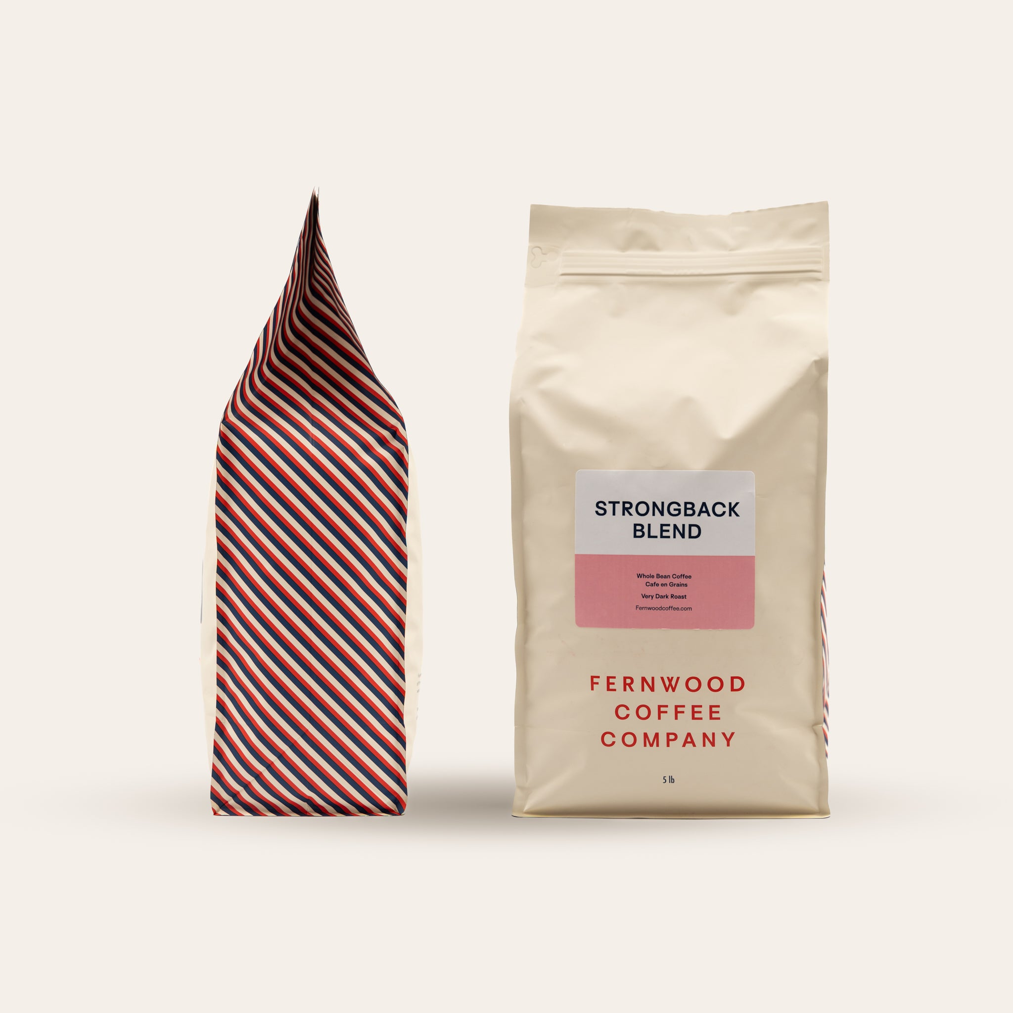 Two 5lb bags of Strongback Blend on a beige background.