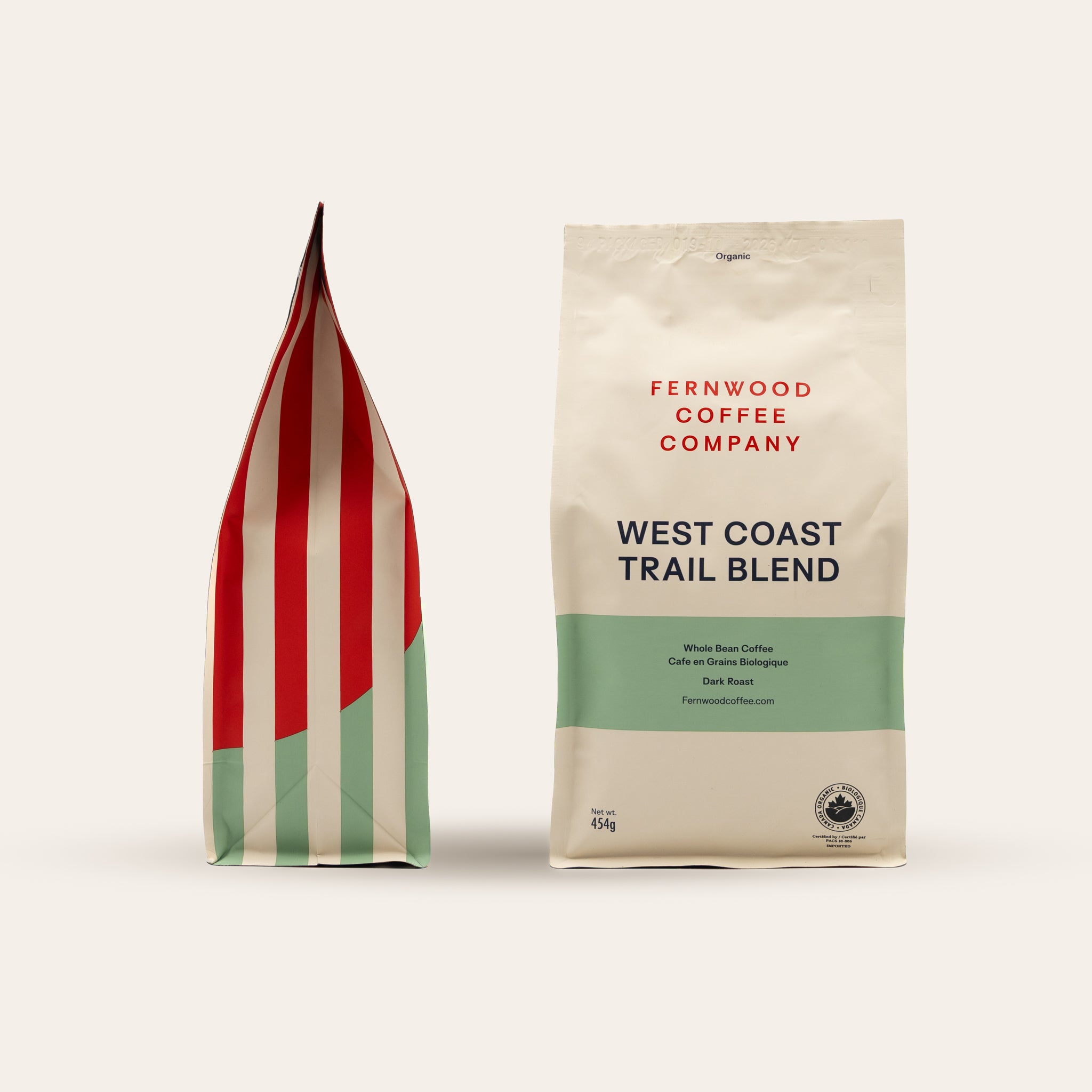 Two West Coast Trail coffee bags from Fernwood Coffee Company on a light beige background