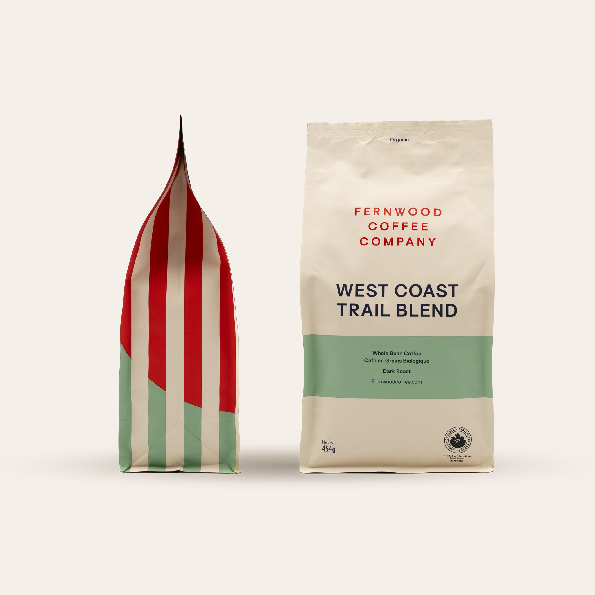 Fernwood Coffee Company West Coast Trail Blend coffee package on a beige background