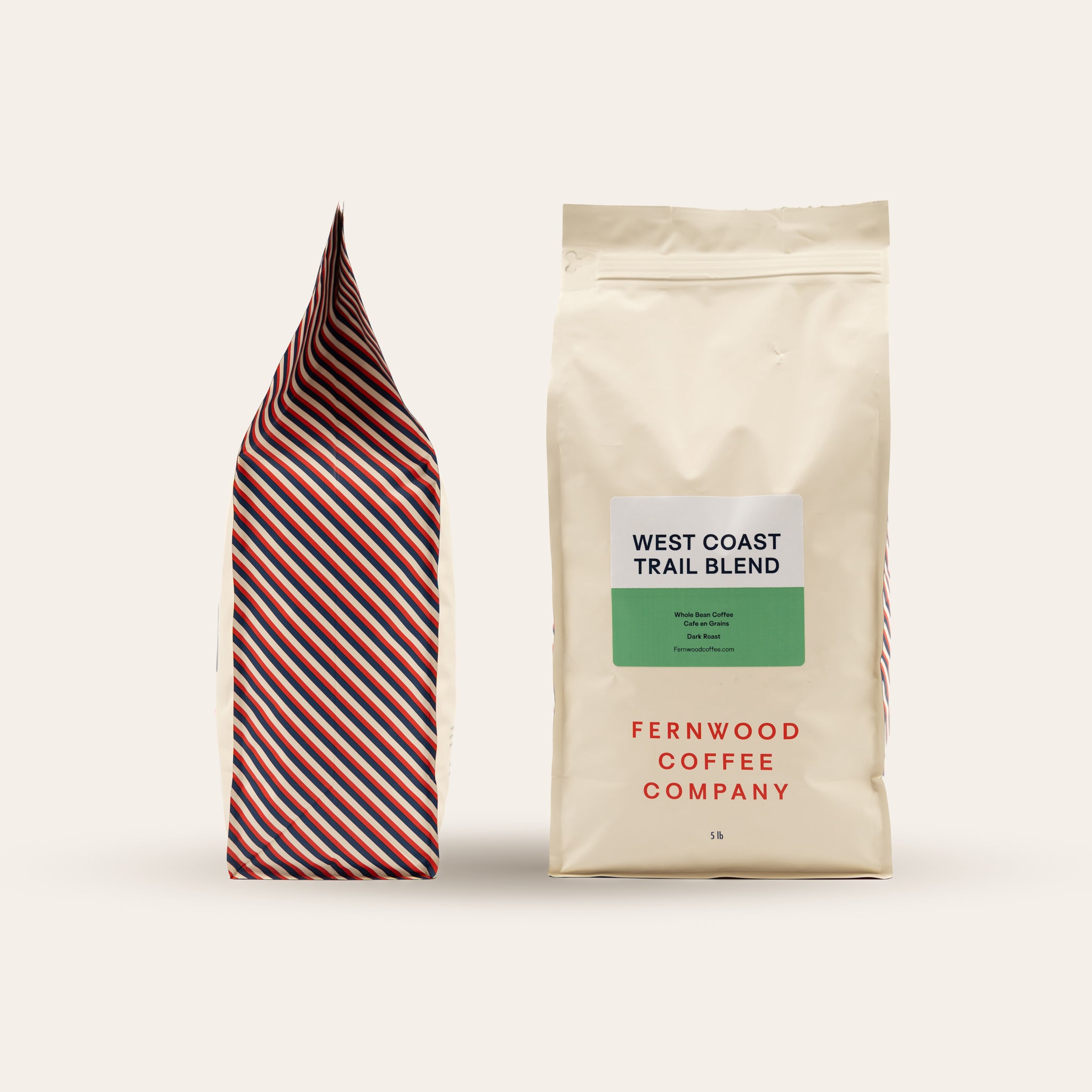 A 5lb bag of West Coast Trail coffee on a beige background.