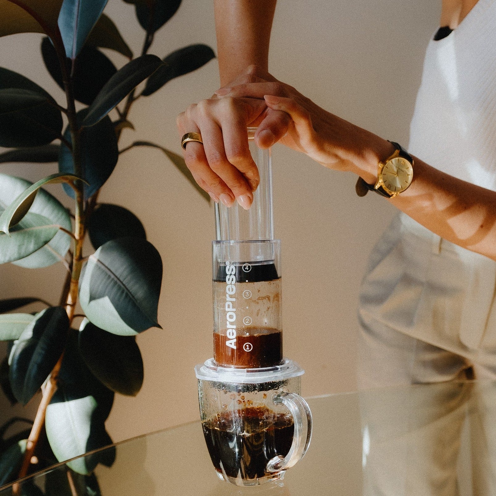 A person pushing down the top of the Aeropress brewer making a cup of coffee.