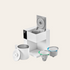 White coffee brewing device with various components on a beige background