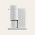 A matte white coffee grinder with a sleek design, featuring a digital display and a removable bean container.