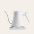 An electric pour-over kettle in matte white color with a precision spout, control panel, and a long handle.