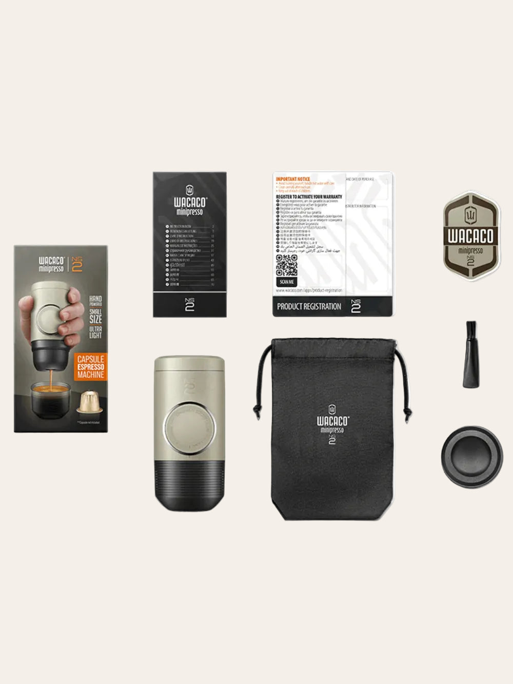 Wacaco Nanopresso coffee maker components on a beige background