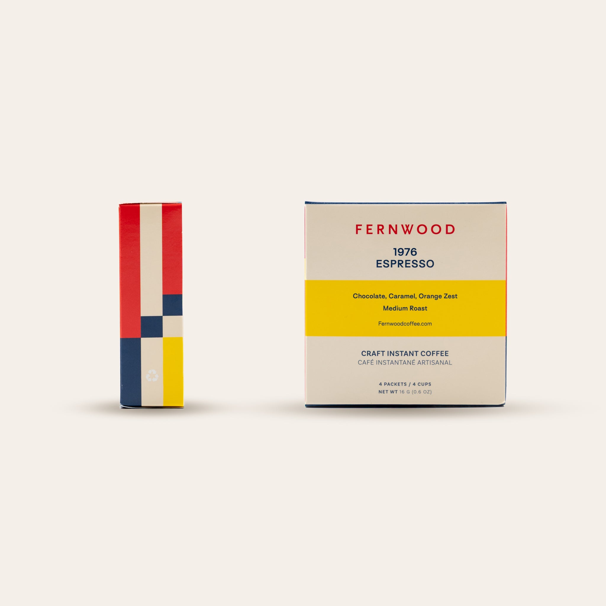 Two boxes of 1976 Espresso Instant Coffee on a beige background