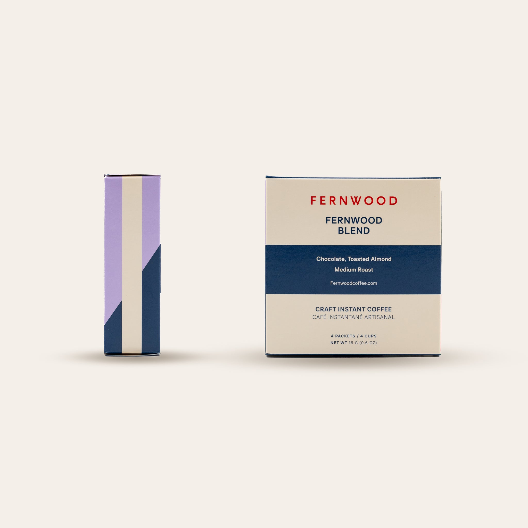 Fernwood Blend instant coffee packaging on a beige background.