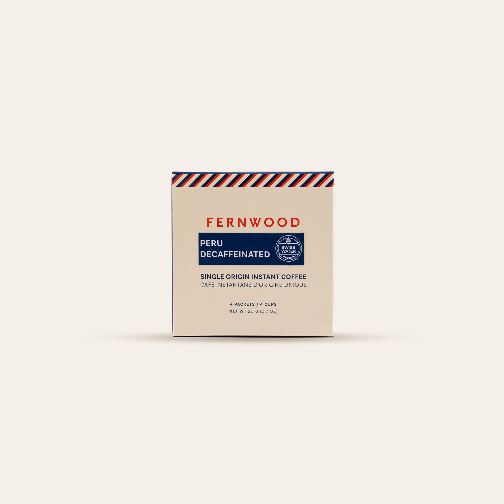 Fernwood Peru Decaffeinated instant coffee box on a beige background