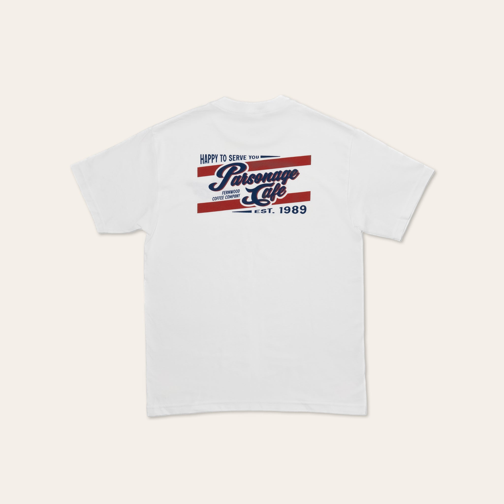 White t-shirt with a colorful striped Parsonage Cafe graphic on the back against a light beige background