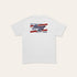 White t-shirt with a colorful striped Parsonage Cafe graphic on the back against a light beige background