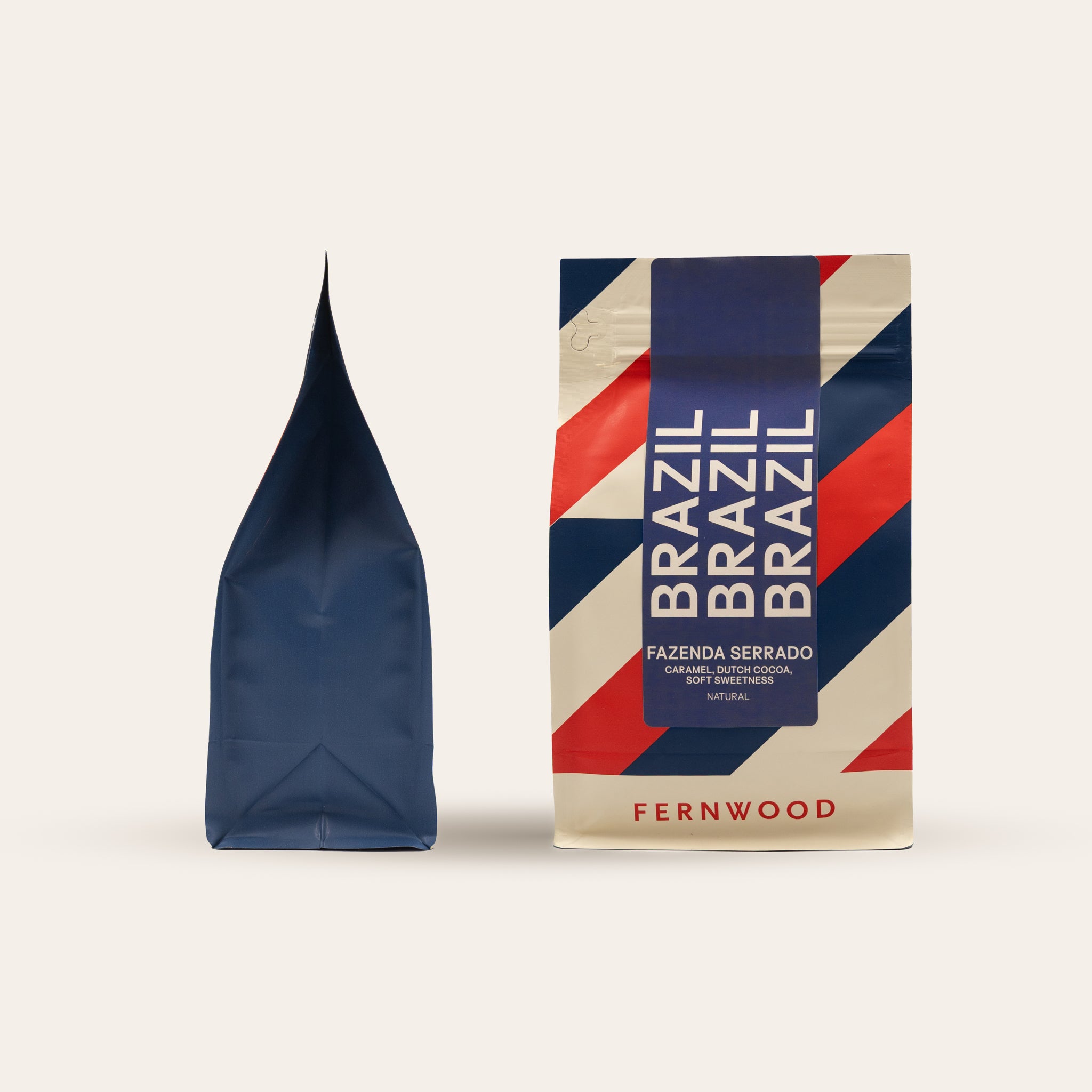 Fernwood Brazil coffee package with a blue and red striped coffee bag on a white background.