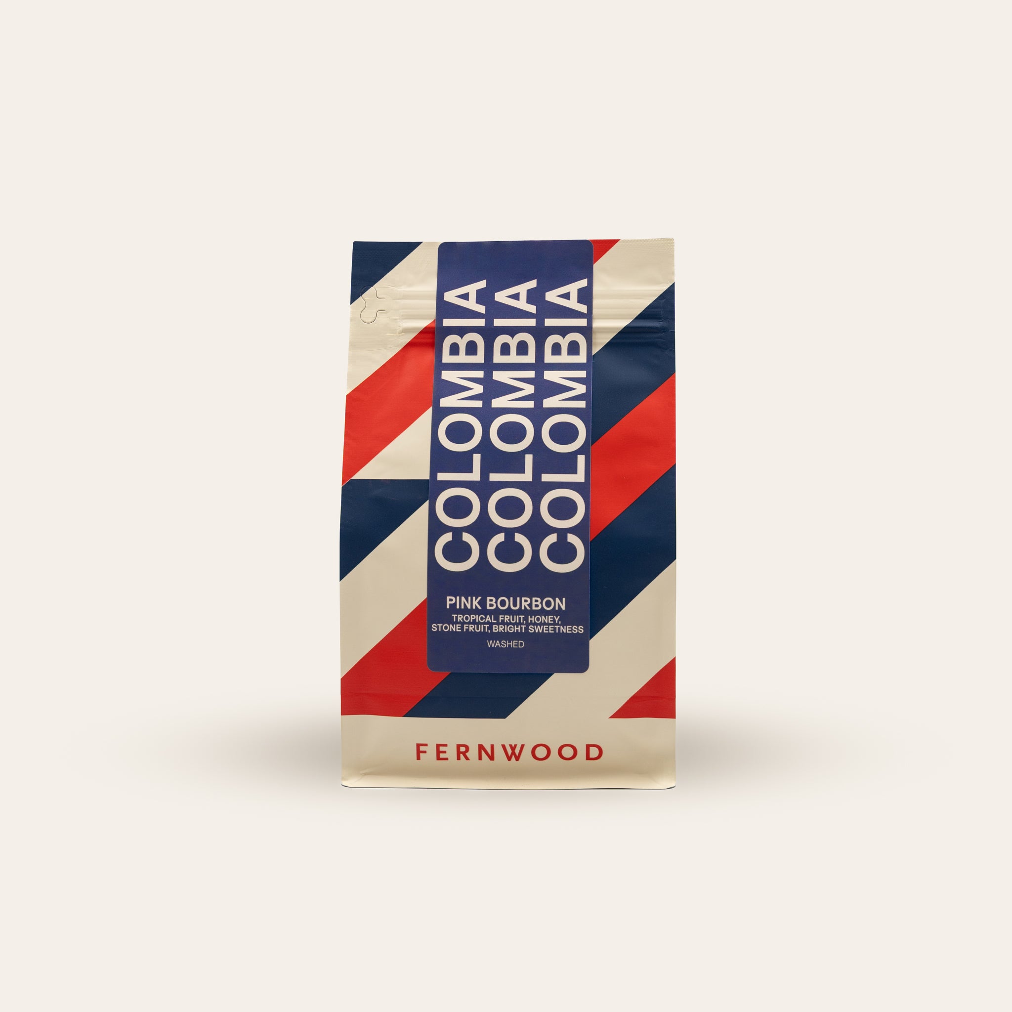 Fernwood coffee package with 'Colombia' branding on a beige background