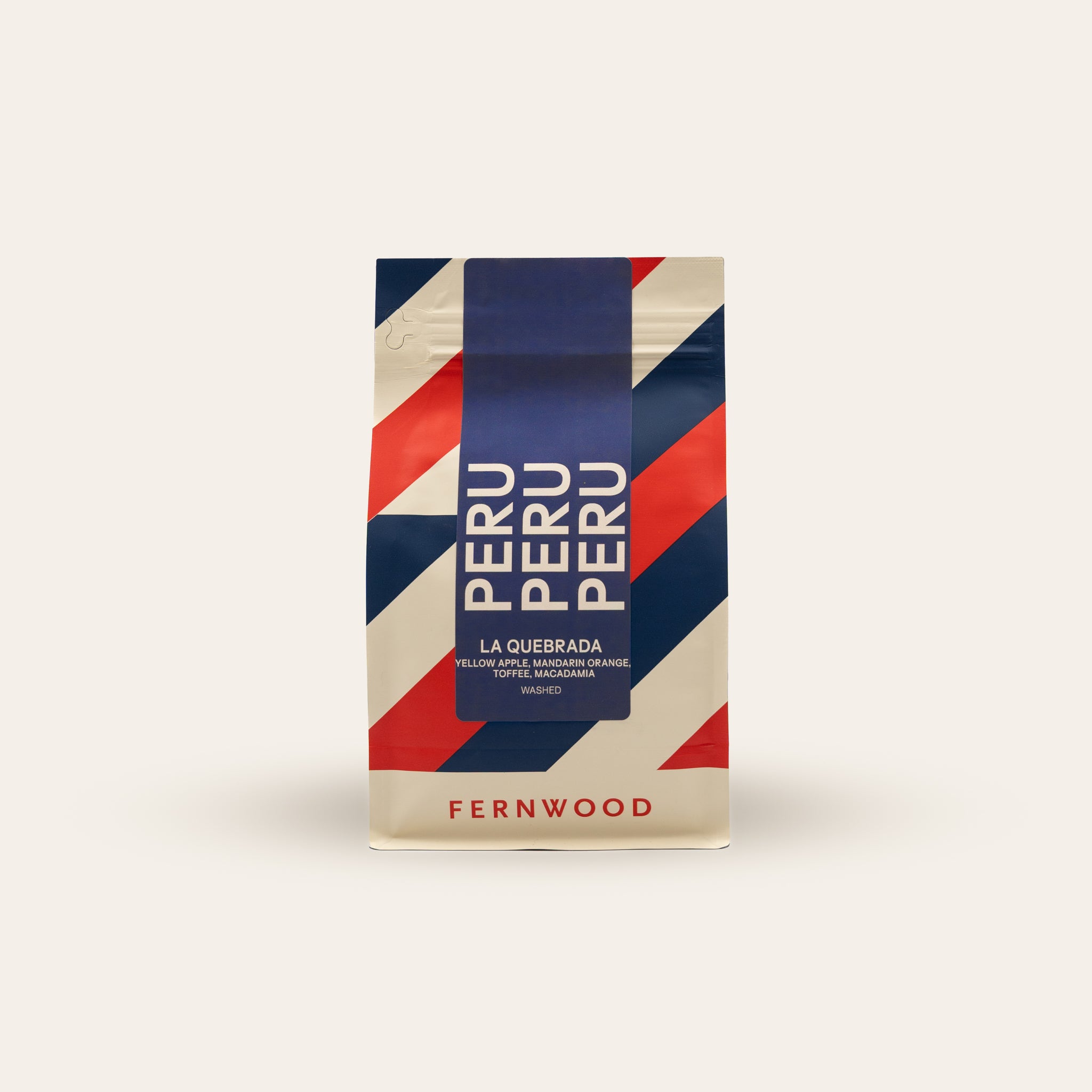 Fernwood Peru coffee package on a beige background