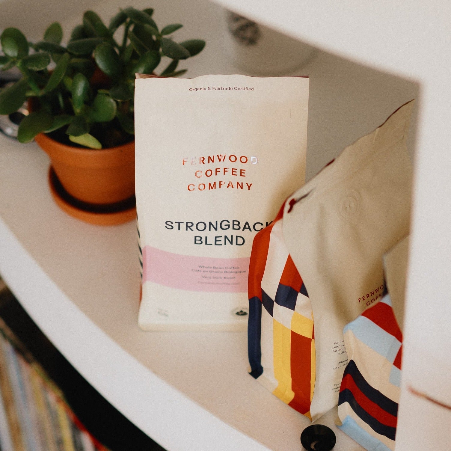 A bag of Strongback Blend sitting on a shelf with a plant.