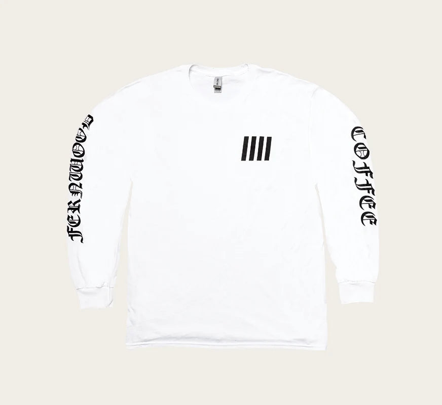 White long-sleeve shirt with black text on a beige background