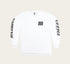White long-sleeve shirt with black text on a beige background