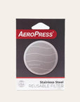 Packaging of AeroPress Stainless Steel Reusable Filter, displaying the filter itself made of silver stainless steel, with the product title and the AeroPress logo.