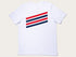 A white crew neck t-shirt with a horizontal red and blue stripe design and the text 'fernwood coffee' printed on the front.