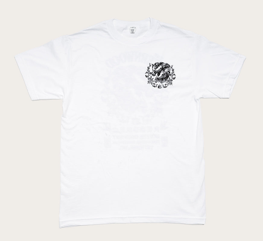 White t-shirt with three horse head design over left chest