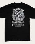 A black t-shirt featuring a black printed design of three horse heads and floral elements, with the text 'FERNWOOD COFFEE COMPANY'.