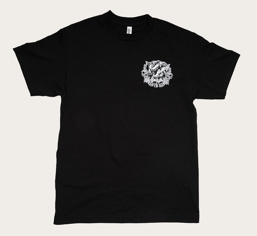 Black t-shirt with three horse heads in design over left chest