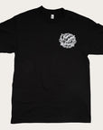 Black t-shirt with three horse heads in design over left chest